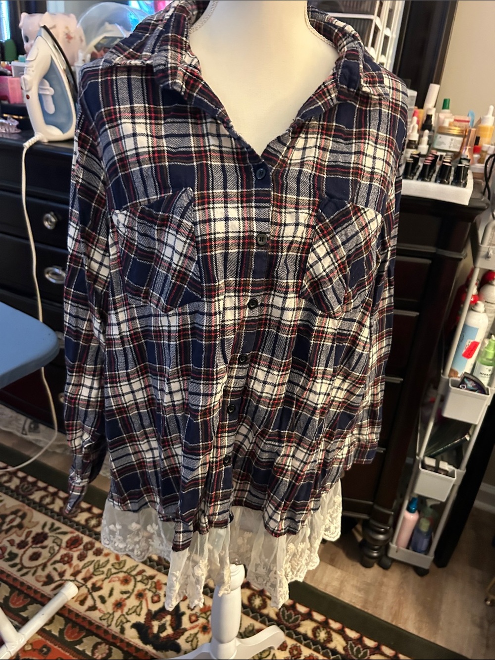 Lovesick Navy, White & Red Plaid Button-Up Top with Lace Hem
